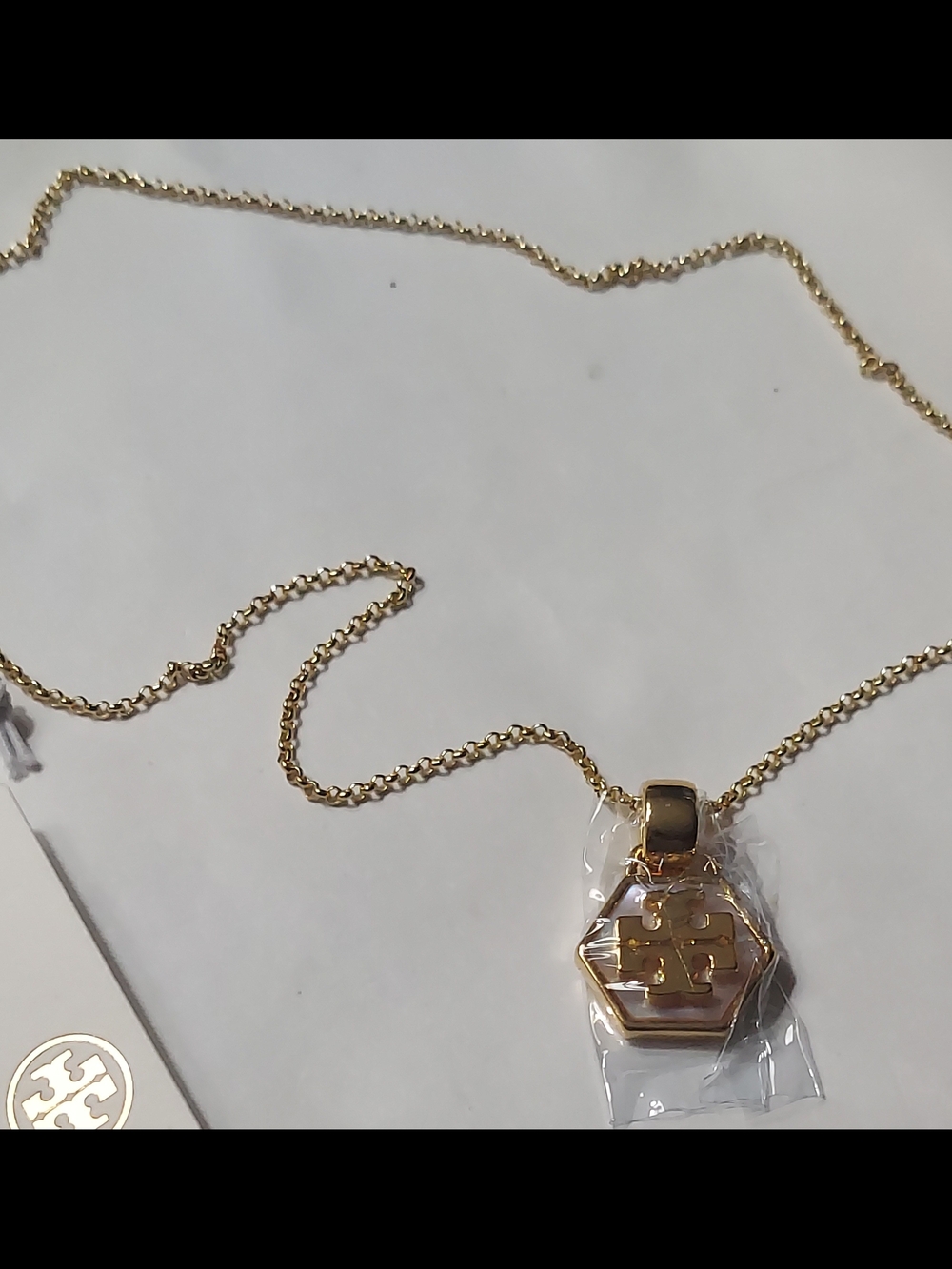 Tory Burch Gold Necklace with Cream Hexagon Logo Charm